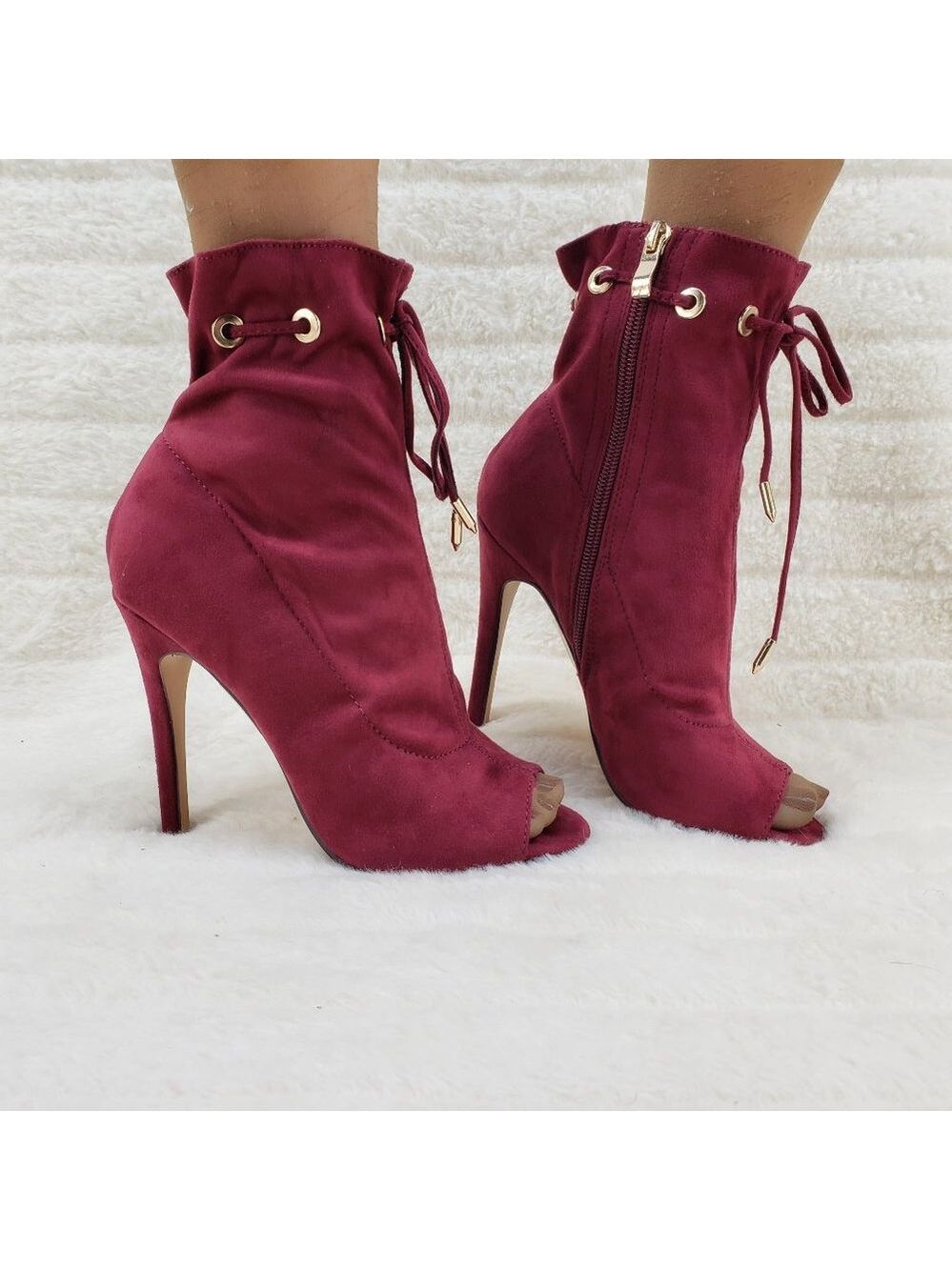 Burgundy Wine Red Drawstring Open Toe High Heel Ankle Boots